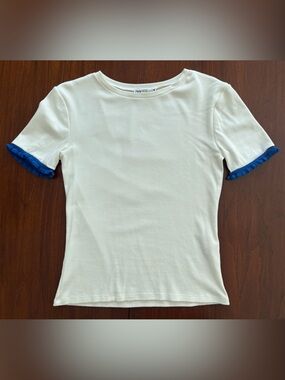 Zara Cream Short Sleeve Tee with Blue Crochet Ruffle